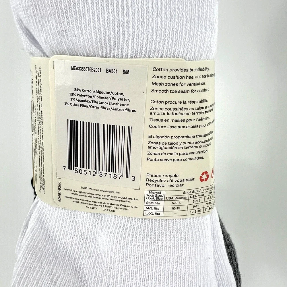 New Merrell Men Cushioned Low Cut Tab Socks 6 Pairs Breathable Black Gray White